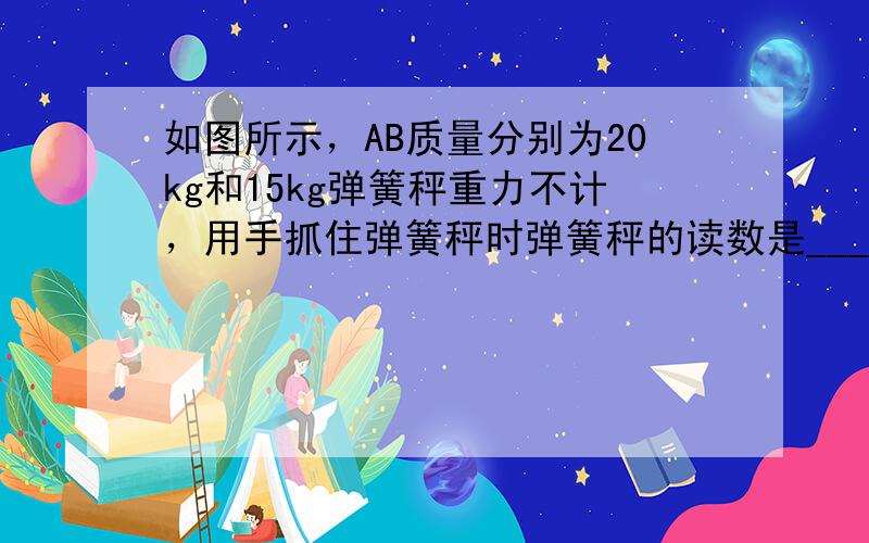 如图所示，AB质量分别为20kg和15kg弹簧秤重力不计，用手抓住弹簧秤时弹簧秤的读数是______，用手抓住A时，弹簧