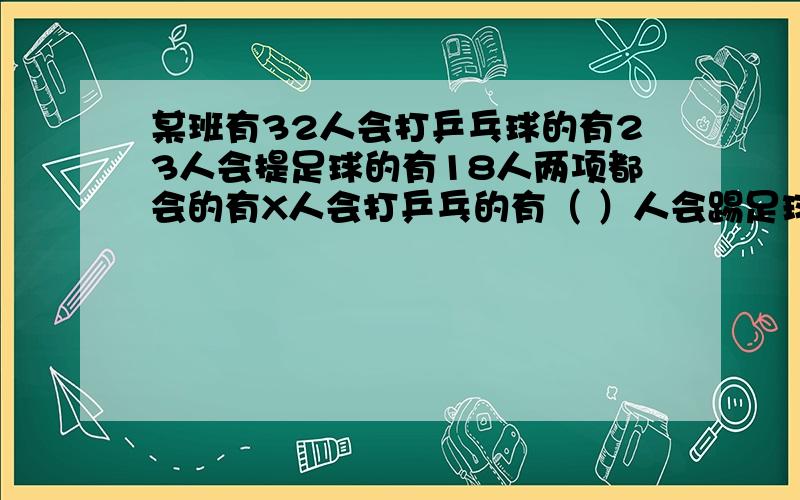 某班有32人会打乒乓球的有23人会提足球的有18人两项都会的有X人会打乒乓的有（ ）人会踢足球的有（ ）人等量关系（ ）