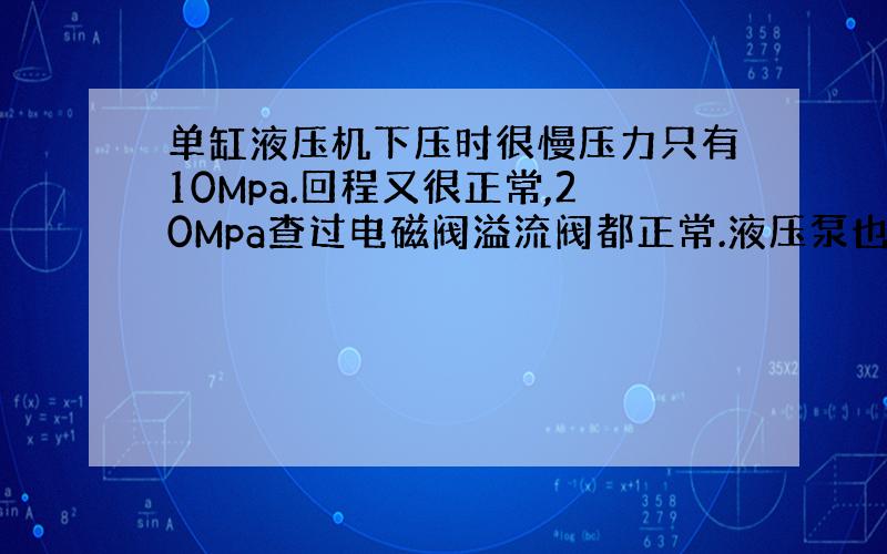 单缸液压机下压时很慢压力只有10Mpa.回程又很正常,20Mpa查过电磁阀溢流阀都正常.液压泵也正常,油也...