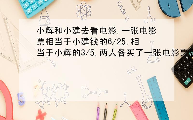 小辉和小建去看电影,一张电影票相当于小建钱的6/25,相当于小辉的3/5,两人各买了一张电影票后,剩下的钱,小建比小辉多