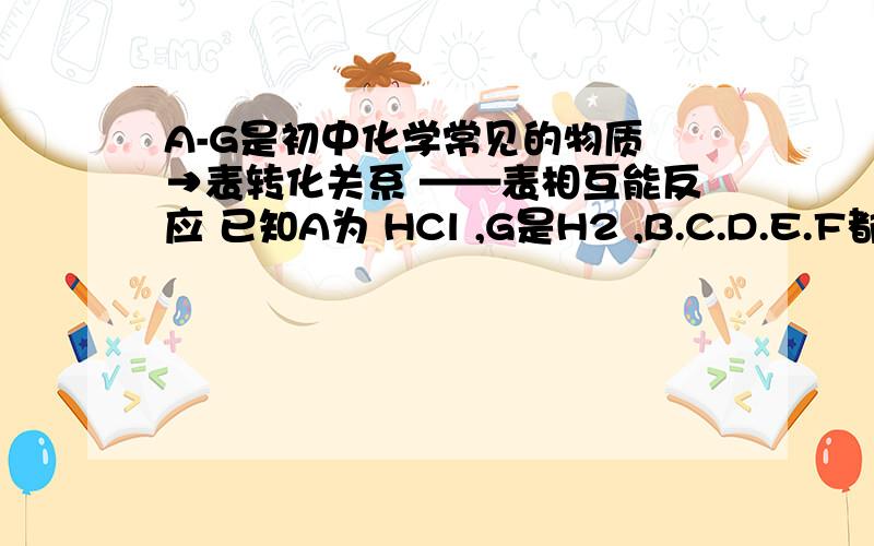 A-G是初中化学常见的物质 →表转化关系 ——表相互能反应 已知A为 HCl ,G是H2 ,B.C.D.E.F都是氧化物