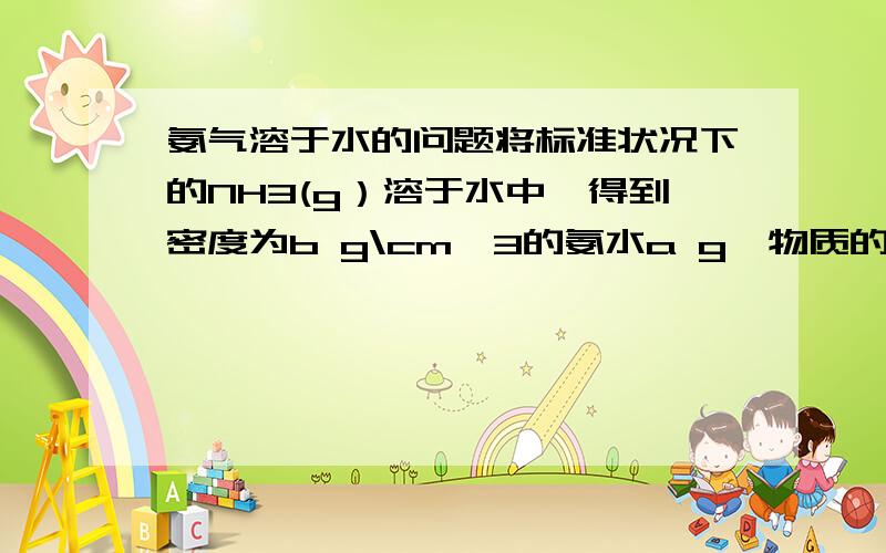 氨气溶于水的问题将标准状况下的NH3(g）溶于水中,得到密度为b g\cm^3的氨水a g,物质的量浓度为c mol\L