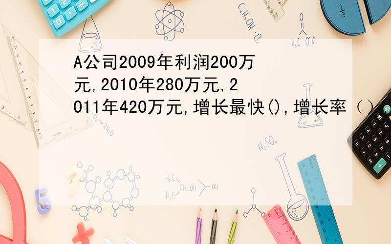 A公司2009年利润200万元,2010年280万元,2011年420万元,增长最快(),增长率（）.