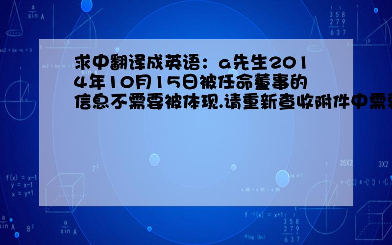 求中翻译成英语：a先生2014年10月15日被任命董事的信息不需要被体现.请重新查收附件中需要签字的文件.