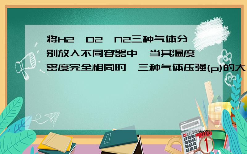 将H2、O2、N2三种气体分别放入不同容器中,当其温度、密度完全相同时,三种气体压强(p)的大小关系是( )