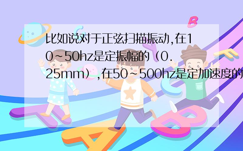 比如说对于正弦扫描振动,在10~50hz是定振幅的（0.25mm）,在50~500hz是定加速度的（2.5g）