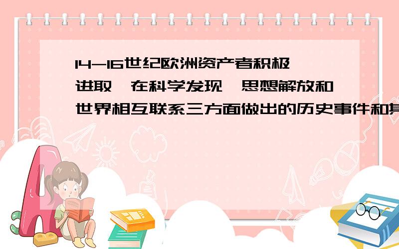 14-16世纪欧洲资产者积极进取,在科学发现,思想解放和世界相互联系三方面做出的历史事件和其最突出的贡献