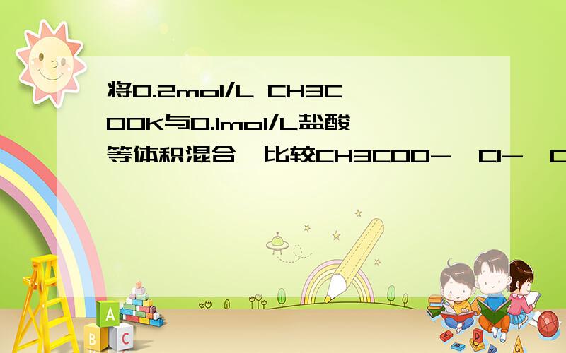 将0.2mol/L CH3COOK与0.1mol/L盐酸等体积混合,比较CH3COO-,Cl-,CH3COOH,H+的物