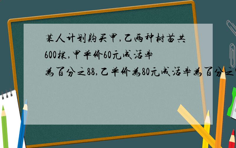 某人计划购买甲,乙两种树苗共600棵,甲单价60元成活率为百分之88,乙单价为80元成活率为百分之96,问如购