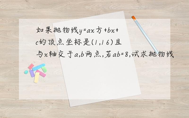 如果抛物线y=ax方+bx+c的顶点坐标是(1,16)且与x轴交于a,b两点,若ab=8,试求抛物线