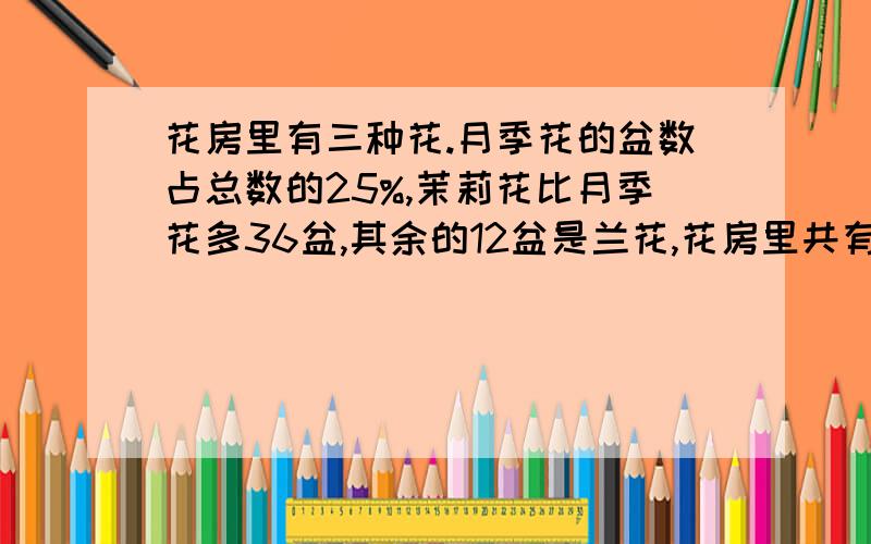 花房里有三种花.月季花的盆数占总数的25%,茉莉花比月季花多36盆,其余的12盆是兰花,花房里共有多少盆花?