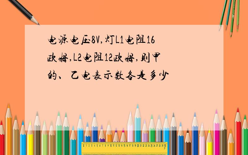 电源电压8V,灯L1电阻16欧姆,L2电阻12欧姆,则甲的、乙电表示数各是多少