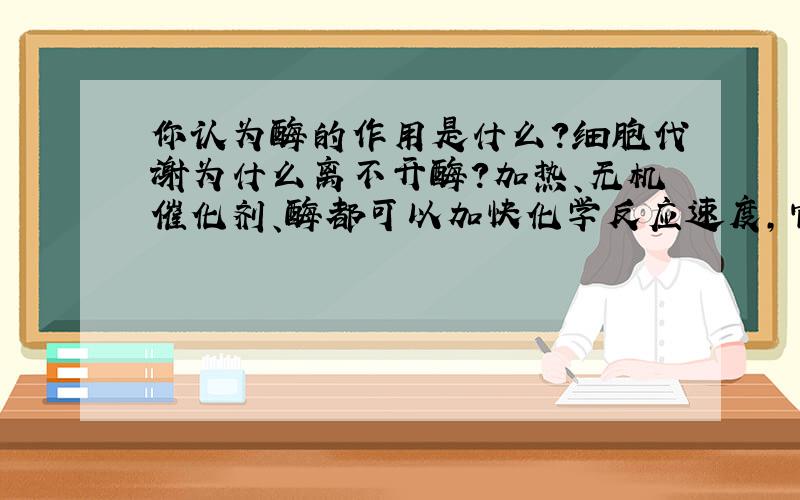 你认为酶的作用是什么?细胞代谢为什么离不开酶?加热、无机催化剂、酶都可以加快化学反应速度,它们的作用原理各是什么?你能解