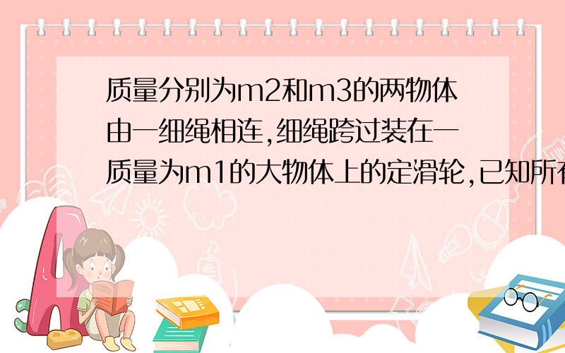 质量分别为m2和m3的两物体由一细绳相连,细绳跨过装在一质量为m1的大物体上的定滑轮,已知所有表面均光滑,求：