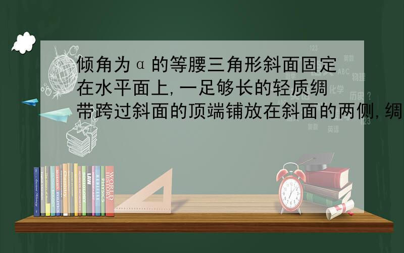 倾角为α的等腰三角形斜面固定在水平面上,一足够长的轻质绸带跨过斜面的顶端铺放在斜面的两侧,绸带与斜面间无摩擦.现将质量分