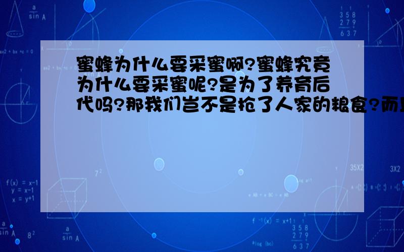 蜜蜂为什么要采蜜啊?蜜蜂究竟为什么要采蜜呢?是为了养育后代吗?那我们岂不是抢了人家的粮食?而且蜜是从花朵中来的吗?还是蜜