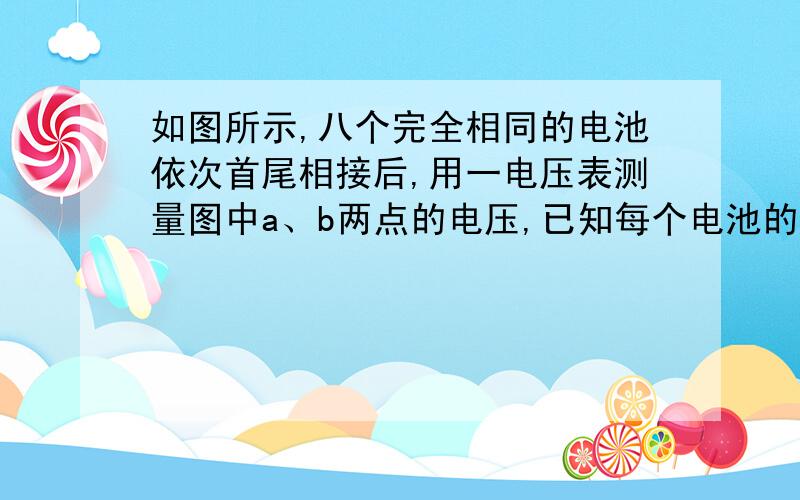 如图所示,八个完全相同的电池依次首尾相接后,用一电压表测量图中a、b两点的电压,已知每个电池的电动势