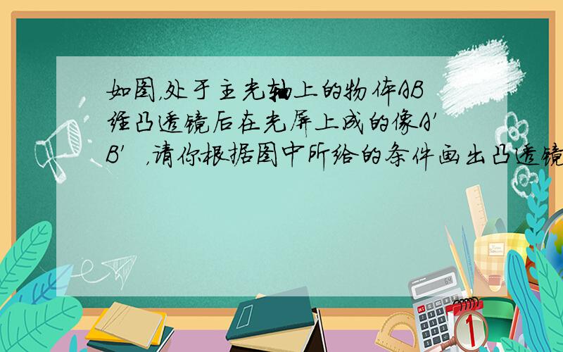 如图，处于主光轴上的物体AB经凸透镜后在光屏上成的像A′B′，请你根据图中所给的条件画出凸透镜，并确定焦点F的位置．