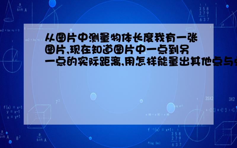 从图片中测量物体长度我有一张图片,现在知道图片中一点到另一点的实际距离,用怎样能量出其他点与点之间的实际距离,我知道PS