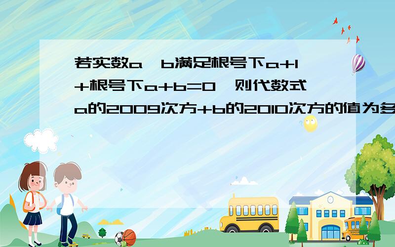 若实数a、b满足根号下a+1+根号下a+b=0,则代数式a的2009次方+b的2010次方的值为多少?