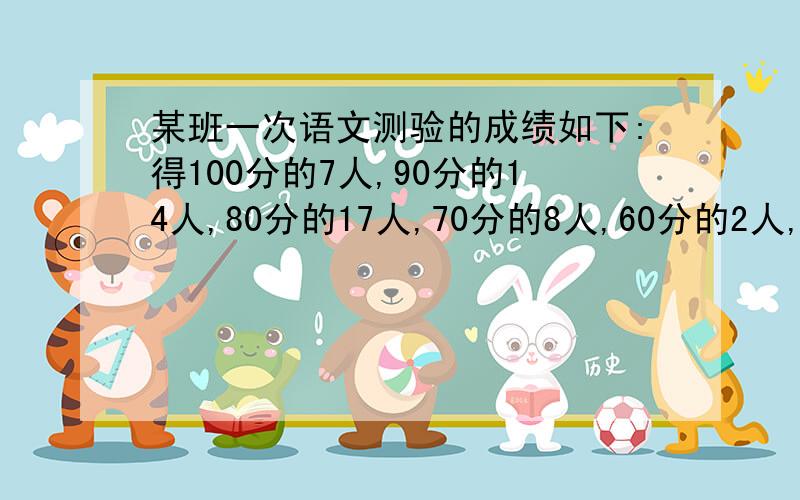 某班一次语文测验的成绩如下:得100分的7人,90分的14人,80分的17人,70分的8人,60分的2人,50分的2人.