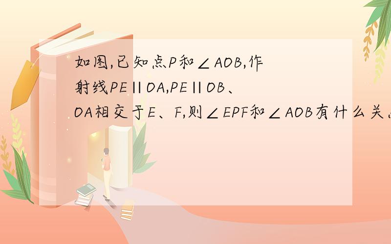 如图,已知点P和∠AOB,作射线PE∥OA,PE∥OB、OA相交于E、F,则∠EPF和∠AOB有什么关系?