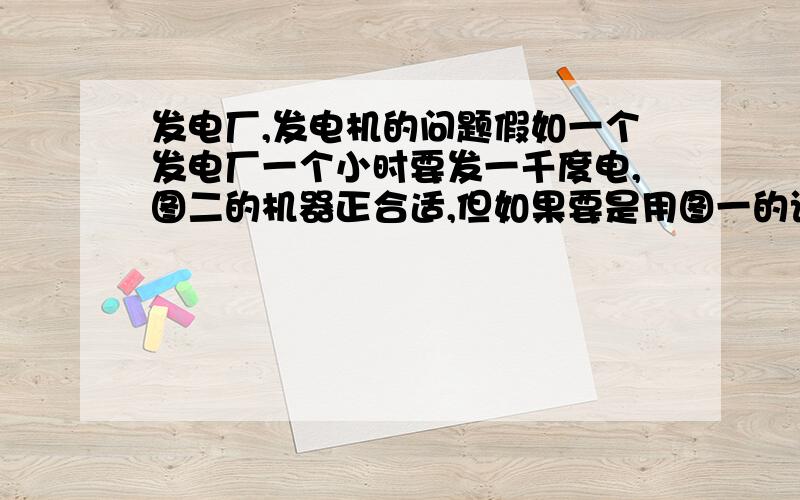 发电厂,发电机的问题假如一个发电厂一个小时要发一千度电,图二的机器正合适,但如果要是用图一的话,可能得多装两台发电机才能