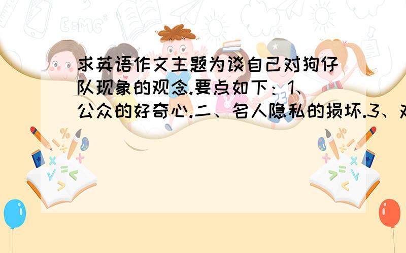 求英语作文主题为谈自己对狗仔队现象的观念.要点如下：1、公众的好奇心.二、名人隐私的损坏.3、对新闻的真实性的质疑.词数