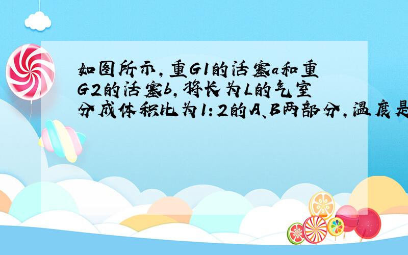 如图所示，重G1的活塞a和重G2的活塞b，将长为L的气室分成体积比为1：2的A、B两部分，温度是127℃，系统处于平衡状