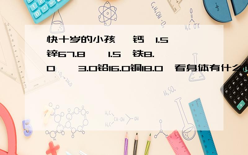 快十岁的小孩 ,钙,1.5,锌67.8,镁1.5,铁8.0,镉3.0铅16.0铜18.0,看身体有什么问题?