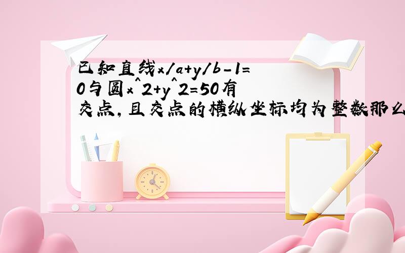 已知直线x/a＋y/b-1=0与圆x^2+y^2=50有交点,且交点的横纵坐标均为整数那么这样的直线有几条