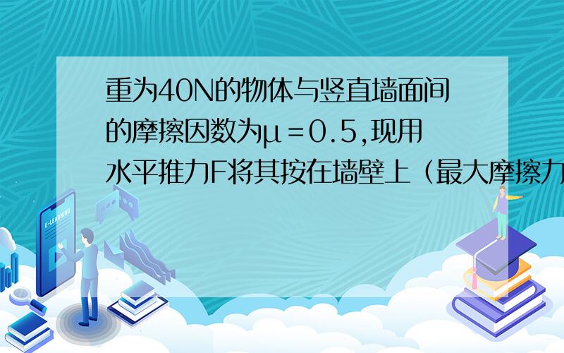 重为40N的物体与竖直墙面间的摩擦因数为μ＝0.5,现用水平推力F将其按在墙壁上（最大摩擦力等于滑动摩擦力）.能算出当F