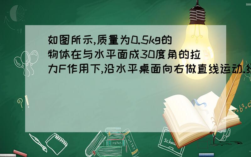 如图所示,质量为0.5kg的物体在与水平面成30度角的拉力F作用下,沿水平桌面向右做直线运动.经过0.5s,6m/s变为