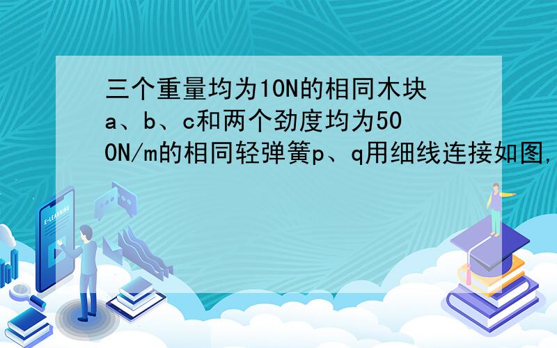 三个重量均为10N的相同木块a、b、c和两个劲度均为500N/m的相同轻弹簧p、q用细线连接如图,