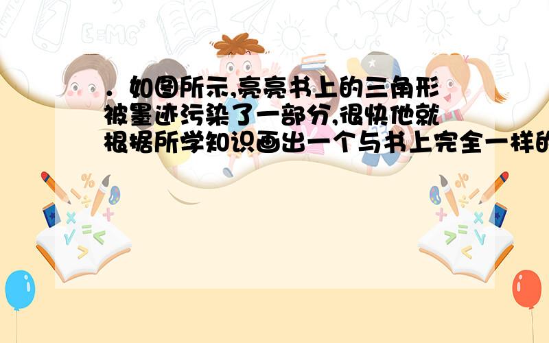 ．如图所示,亮亮书上的三角形被墨迹污染了一部分,很快他就根据所学知识画出一个与书上完全一样的三角形,那么这两个三角形完全