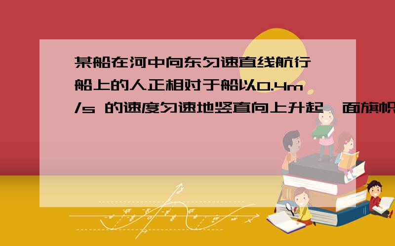 某船在河中向东匀速直线航行,船上的人正相对于船以0.4m/s 的速度匀速地竖直向上升起一面旗帜,当他用20s升旗完毕时,