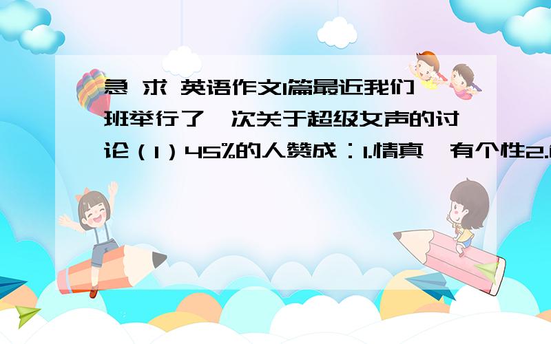 急 求 英语作文1篇最近我们班举行了一次关于超级女声的讨论（1）45%的人赞成：1.情真,有个性2.能帮助一些女孩实现梦