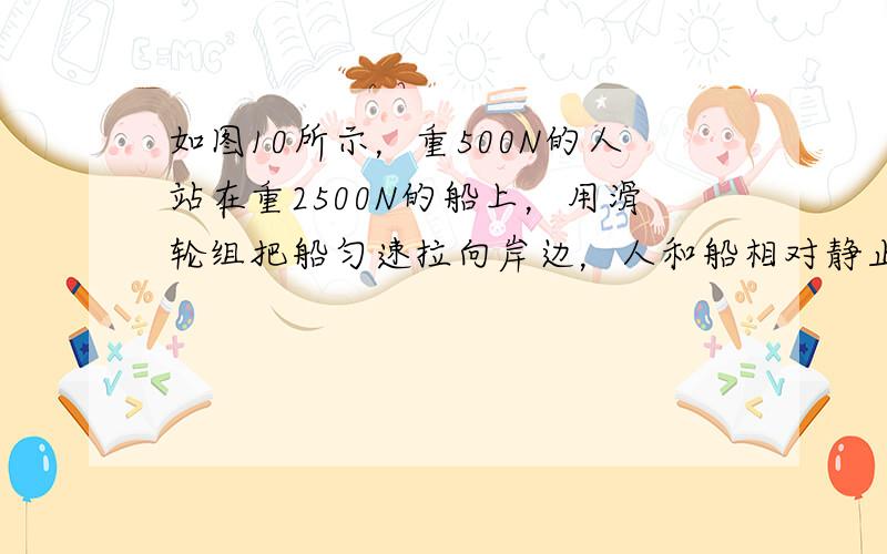 如图10所示，重500N的人站在重2500N的船上，用滑轮组把船匀速拉向岸边，人和船相对静止。船受到水的阻力为9