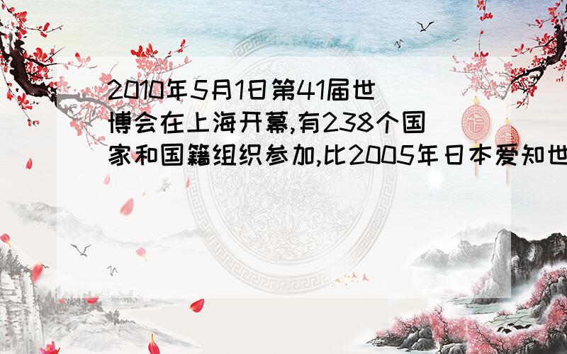 2010年5月1日第41届世博会在上海开幕,有238个国家和国籍组织参加,比2005年日本爱知世博