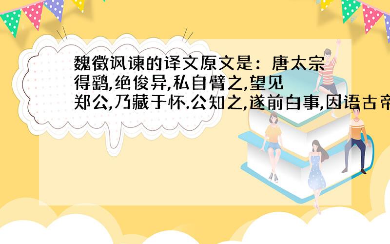 魏徵讽谏的译文原文是：唐太宗得鹞,绝俊异,私自臂之,望见郑公,乃藏于怀.公知之,遂前白事,因语古帝王逸豫,徽以讽谏.语久