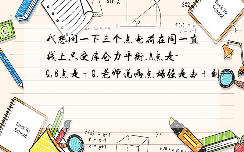 我想问一下三个点电荷在同一直线上只受库仑力平衡.A点是-Q,B点是+Q.老师说两点场强是由+到—,所以中间没有平衡的电荷