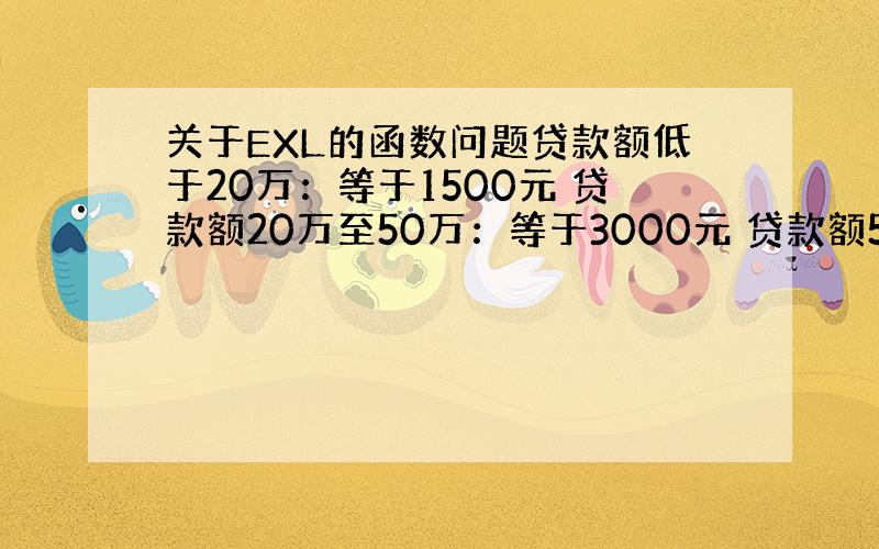 关于EXL的函数问题贷款额低于20万：等于1500元 贷款额20万至50万：等于3000元 贷款额50万至100万：80