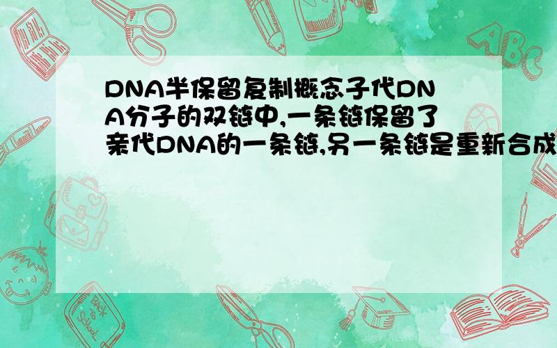 DNA半保留复制概念子代DNA分子的双链中,一条链保留了亲代DNA的一条链,另一条链是重新合成的,故将这种复制方式称为半