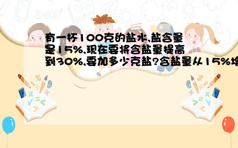 有一杯100克的盐水,盐含量是15%,现在要将含盐量提高到30%,要加多少克盐?含盐量从15%增加到30%,增加了