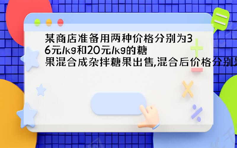 某商店准备用两种价格分别为36元/kg和20元/kg的糖果混合成杂拌糖果出售,混合后价格分别是28/kg.现在要配制这种