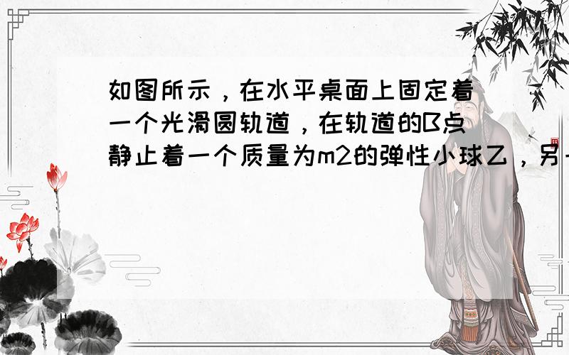 如图所示，在水平桌面上固定着一个光滑圆轨道，在轨道的B点静止着一个质量为m2的弹性小球乙，另一个质量为m1的弹性小球甲以