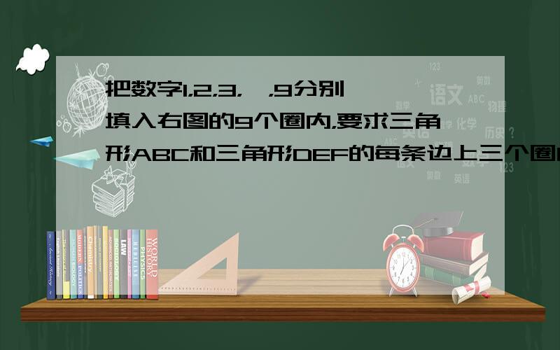 把数字1，2，3，…，9分别填入右图的9个圈内，要求三角形ABC和三角形DEF的每条边上三个圈内数位之和等于18．