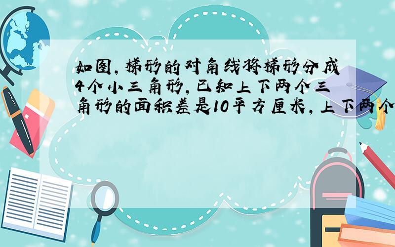 如图,梯形的对角线将梯形分成4个小三角形,已知上下两个三角形的面积差是10平方厘米,上下两个三角形的面积比是4:9,那么