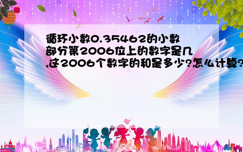 循环小数0.35462的小数部分第2006位上的数字是几,这2006个数字的和是多少?怎么计算?