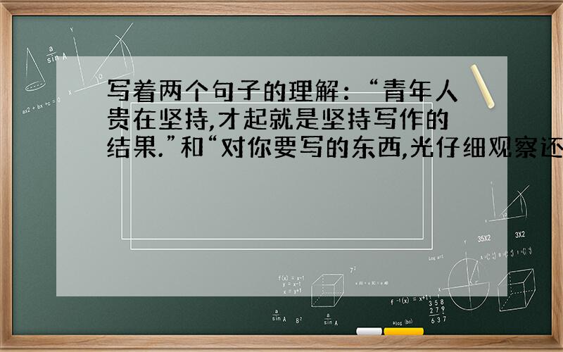 写着两个句子的理解：“青年人贵在坚持,才起就是坚持写作的结果.”和“对你要写的东西,光仔细观察还不够,还要能发现别人没有